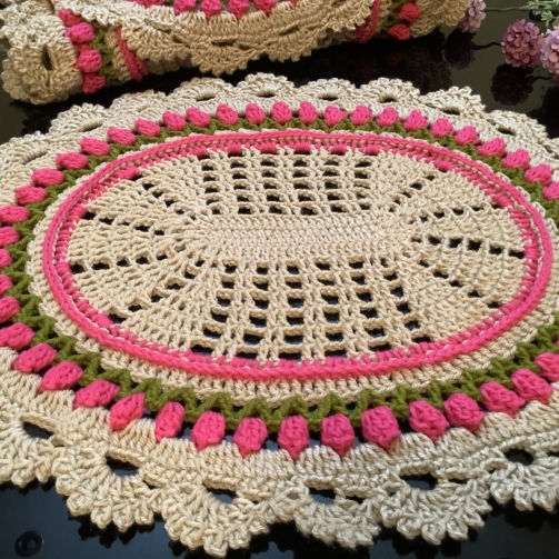 Handmade crocheted rose table mat, floral dining table decor
