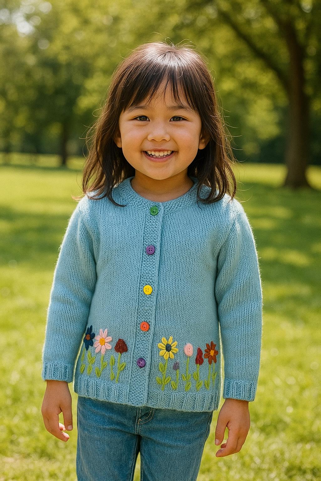 Blue embroidered sweater for little girls, cozy kids knitwear