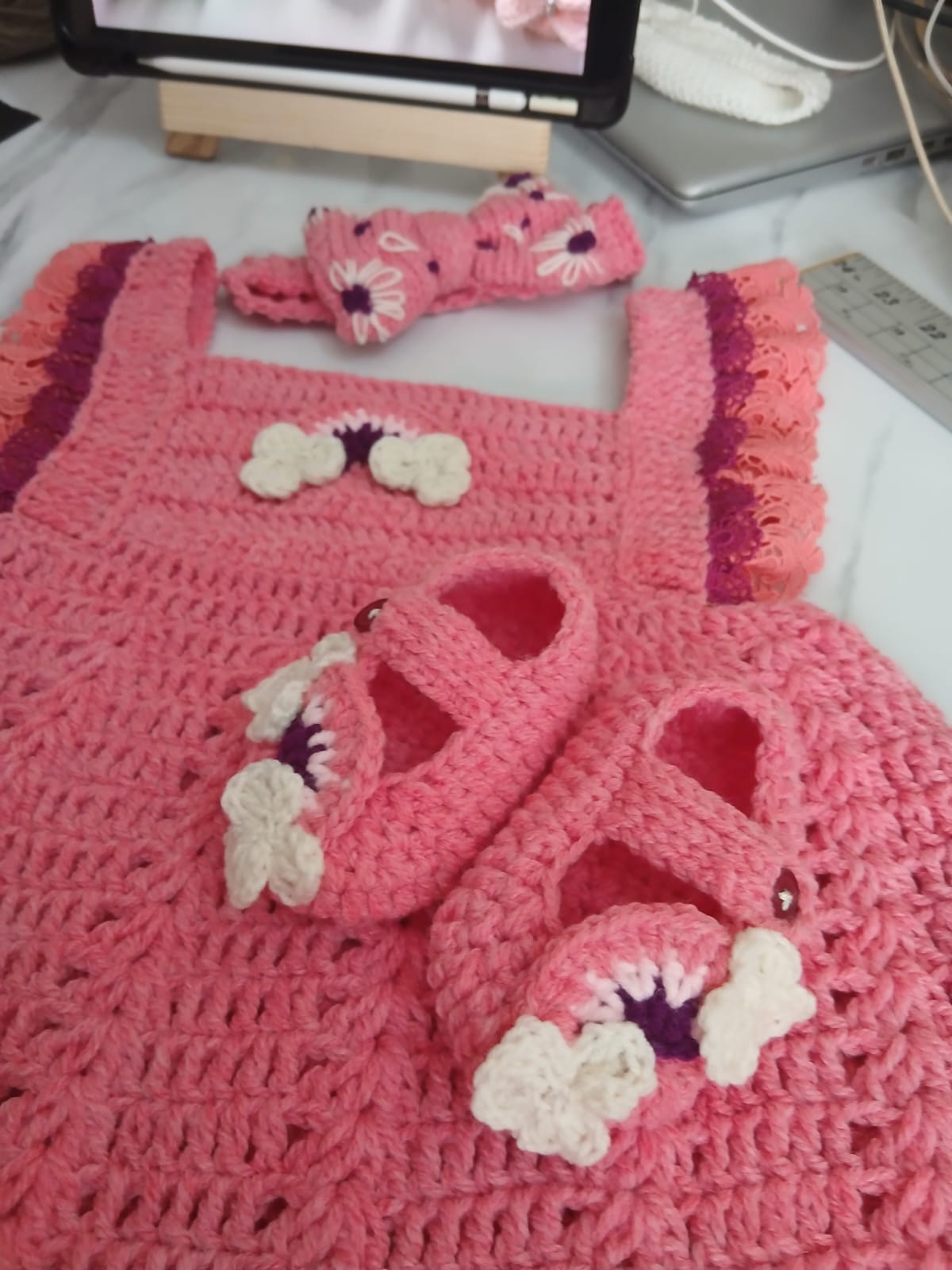 crochet pink baby frock with matching booties and headband