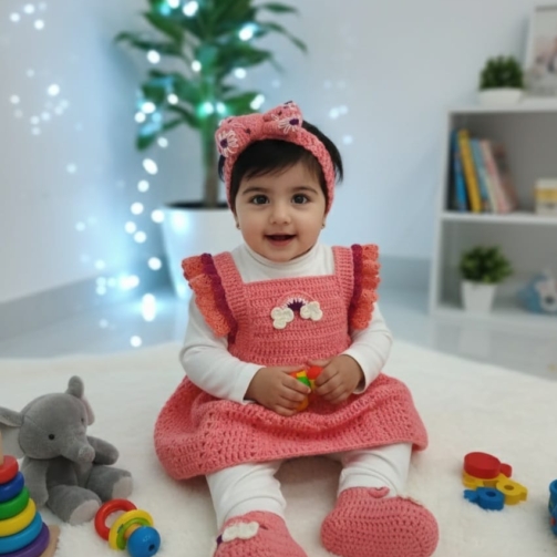 crochet pink baby frock with matching booties and headband
