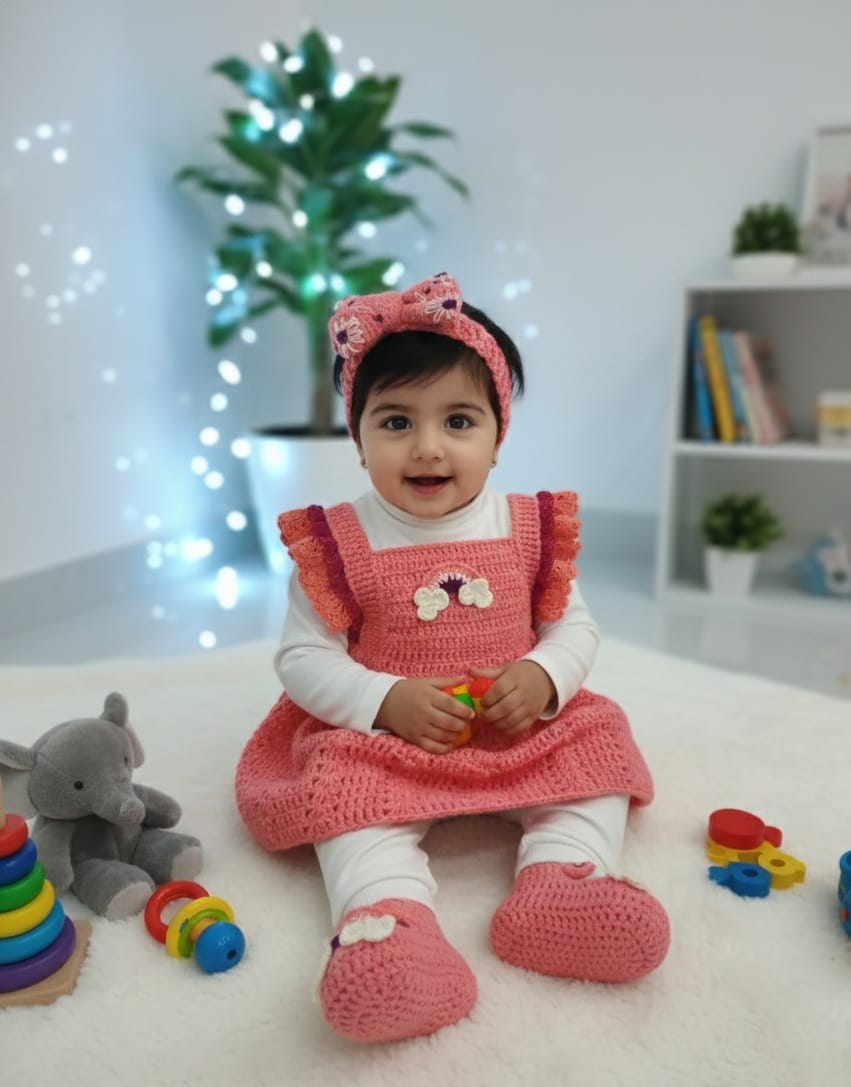 crochet pink baby frock with matching booties and headband