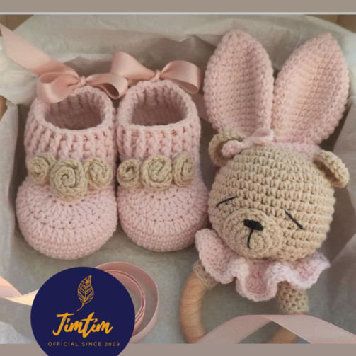 Crochet Booties and Bunny Rattle
