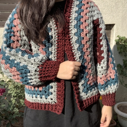 Hand crocheted ladies cardigan in grey and maroon
