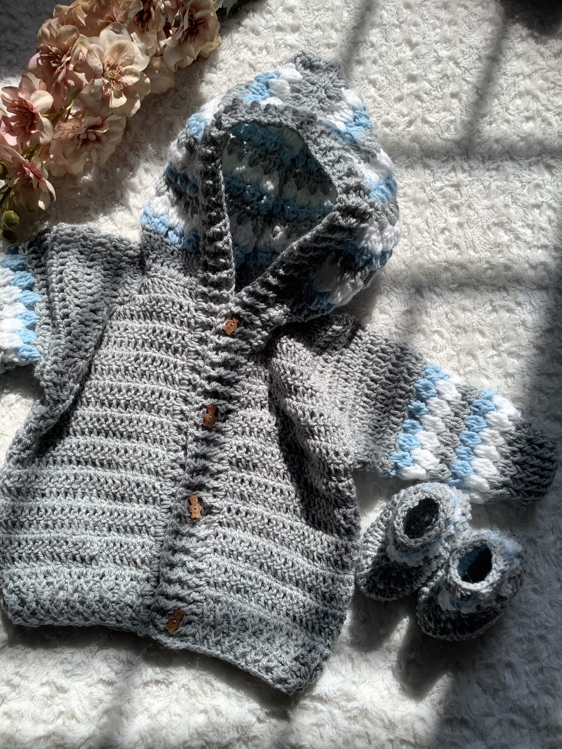 Crochet Gray and Blue Hooded Sweater with Matching Booties