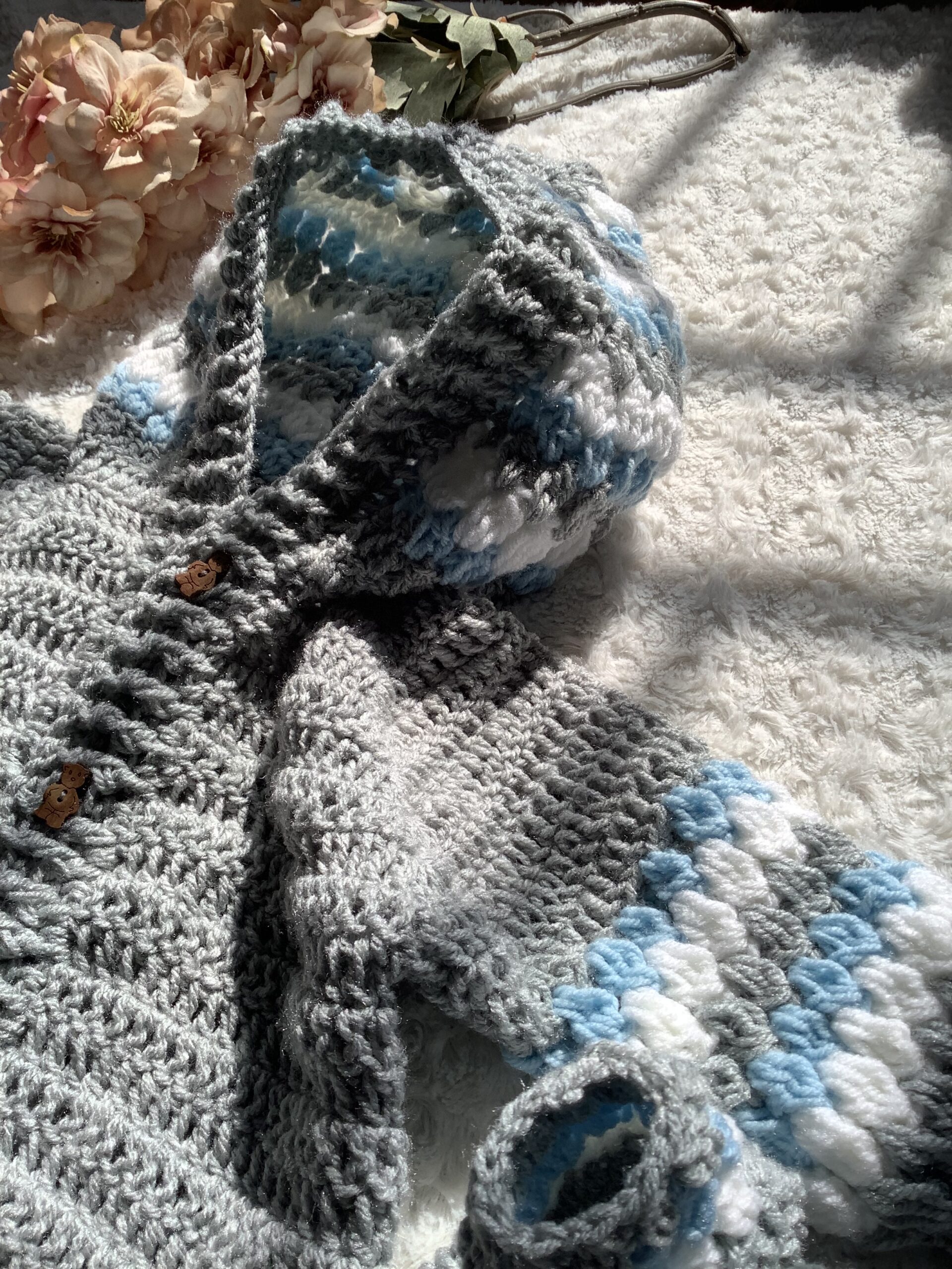 Crochet Gray and Blue Hooded Sweater with Matching Booties - Image 4