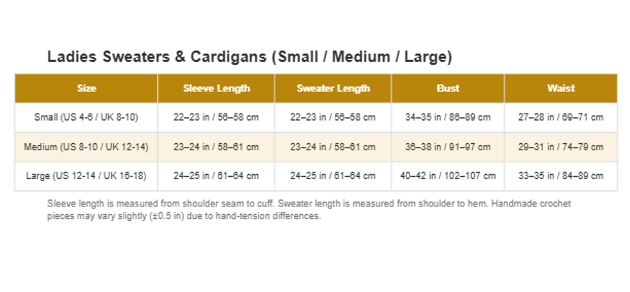 Tim Tim size chart for baby, kids, and ladies sweaters and cardigans