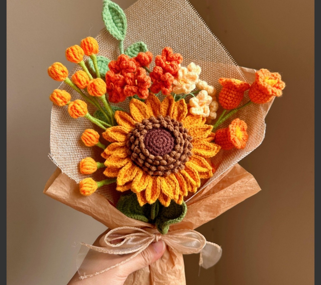 Vibrant Sunflower and Floral Crochet Bouquet