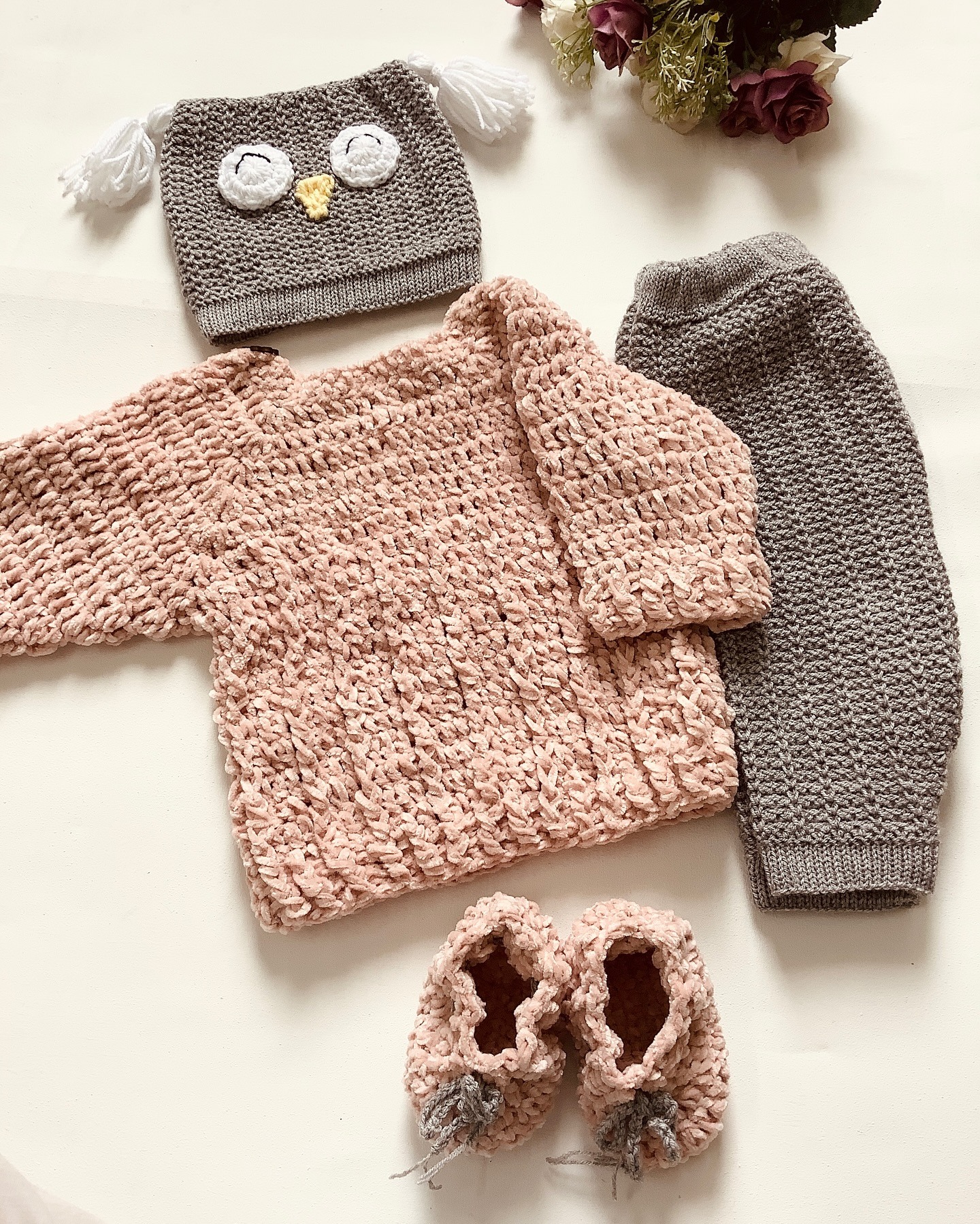 baby sweater pajama set with owl cap and booties