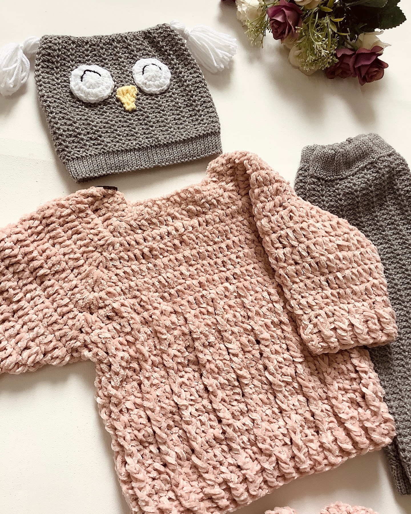 Baby Sweater Pajama Set with Owl Cap and Booties - Image 2