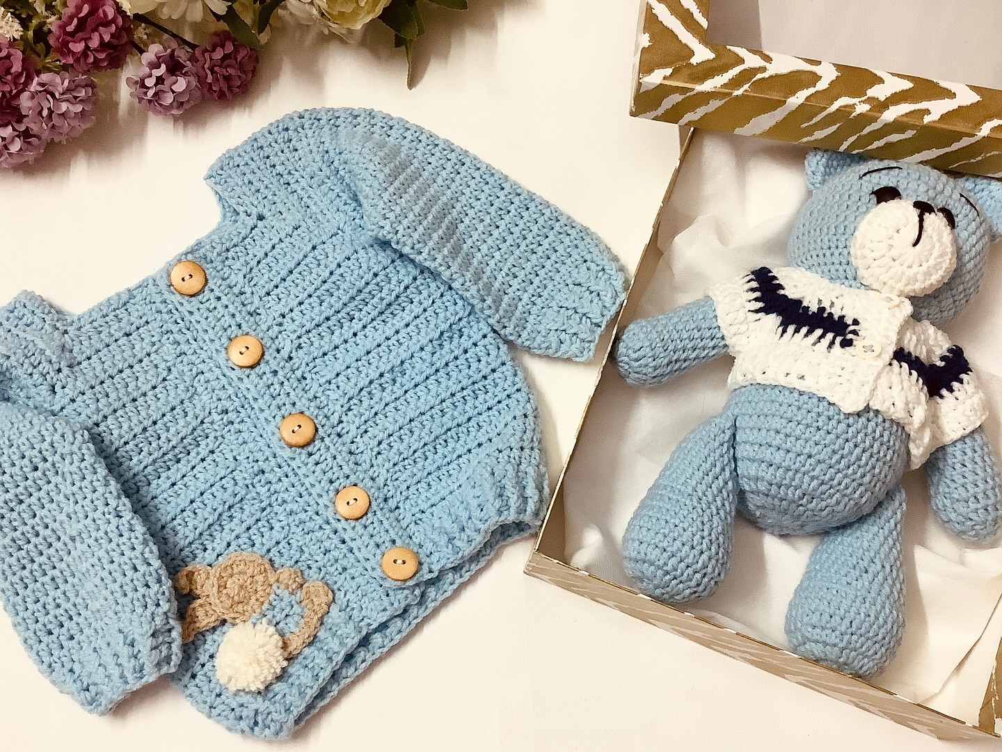 Bunny sweater gift set, handmade crochet baby outfit