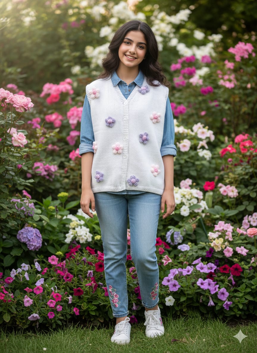 White Knitted Sweater with Floral Blossom Design